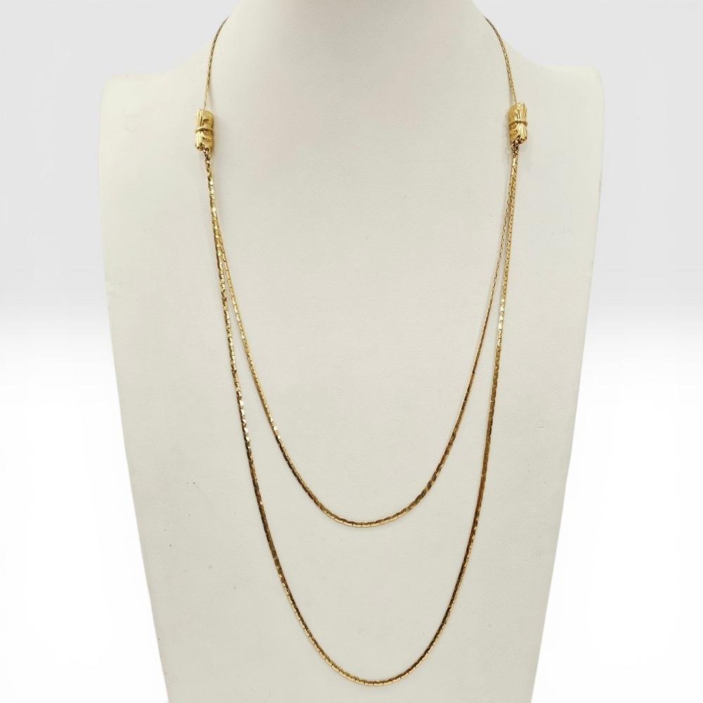 Vtg Gold Tone Layered Adjustable Slider Necklace Boston Link Chain Textured Bead